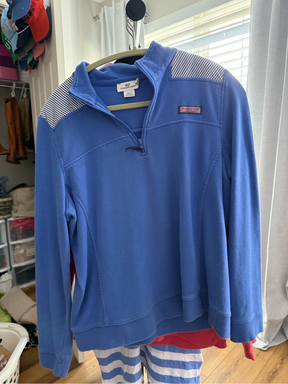 Vineyard Vines Periwinkle Blue Quarter-Zip Pullover with Striped Shoulder Panels